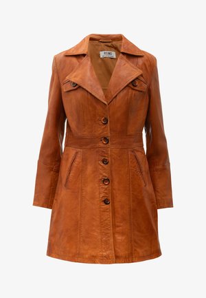 Damenmantel aus braunem Leder mit Knopfleiste, weitem Revers, zwei Vordertaschen und langen Ärmeln, mit der Aufschrift "Ricano Best Leather Design".