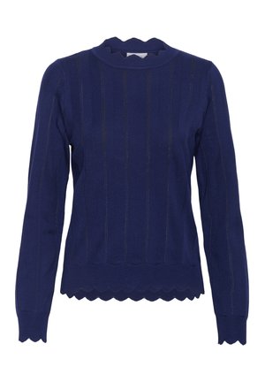 Navy blauwe lange mouwen gebreide trui met verticale ribbels en gegolfde randen op de halslijn, boorden en zoom.