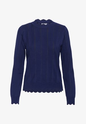 Tumedat sinised pika varrukaga kootud sviitrid, millel on vertikaalsed sooned ja lainelised äärised kaelas, mansetis ja alläärtes.