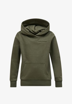 Olivengroene hoodie met voorzak en grote opgevouwen capuchon, met klein "Peak Performance" logo op de borst.