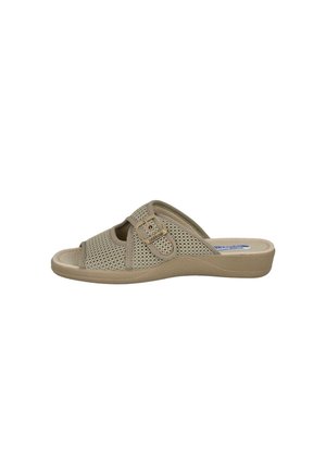 Sandalia tipo slide beige con puntera abierta, parte superior de malla transpirable, correa ajustable con hebilla y suela ligeramente elevada para uso en interiores o casual.