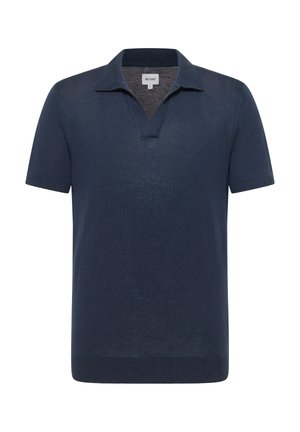 Polo blu navy a maniche corte con colletto morbido e orlo a coste, vista frontale su sfondo bianco.