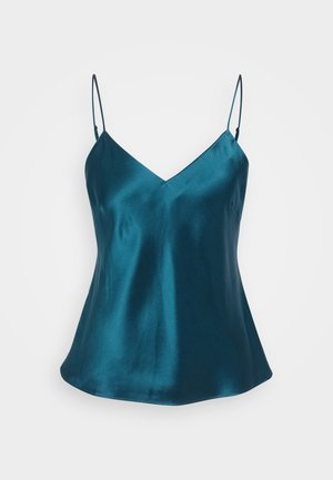 Teal satijnen camisole met dunne verstelbare bandjes, V-hals en een vloeiende pasvorm. Gladde textuur met een subtiele glans.