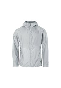 Veste imperméable gris clair avec capuche, fermeture éclair à l'avant, deux poches latérales et détail de logo. Texture lisse et conception légère.