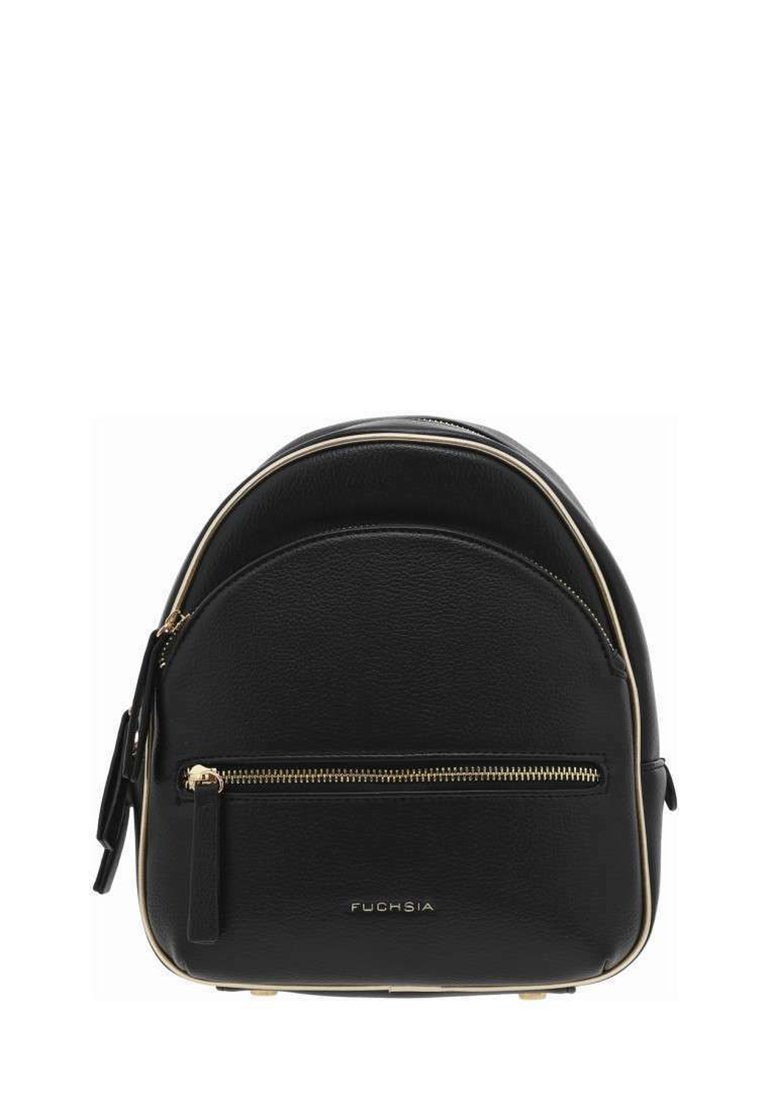 Sac à dos en simili cuir noir avec une forme arrondie, accents en métal doré, poche zippée à l'avant et nom de la marque "FUCHSIA" embossé à l'avant.