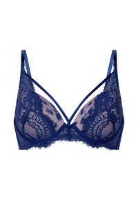 Granatowy koronkowy biustonosz z fiszbinami, kwiatowy wzór, przezroczyste miseczki z siateczki oraz cienkie regulowane ramiączka z dekoracyjnymi podwójnymi paskami z przodu.