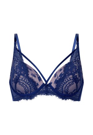 Marineblauwe kant BH met beugel, bloemenpatroon, doorzichtige mesh cups en dunne verstelbare schouderbanden met decoratieve dubbele bandjes aan de voorkant.