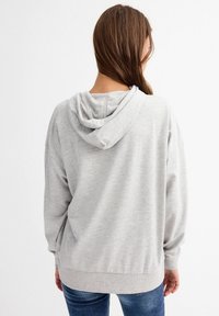 Sudadera gris con un corte holgado, textura suave y capucha ajustable con cordón. Presenta puños y dobladillo acanalados, vista desde la parte posterior.