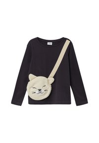 Czarna koszula z długim rękawem z beżową torbą na ramię w kształcie kota, z haftowanymi detalami twarzy i miękką teksturą.