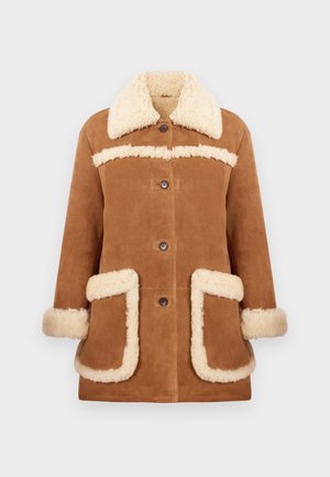 Brown suede coat with cream faux fur collar and accents. Features button closure and two large pockets with fur trim. Soft texture.