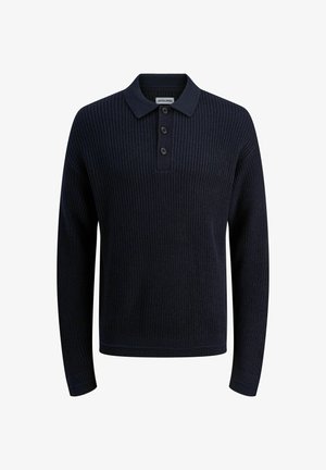 Pull en polo tricoté bleu marine avec une texture côtelée, patte de boutonnage à trois boutons et manches longues. Doté d'un col classique.