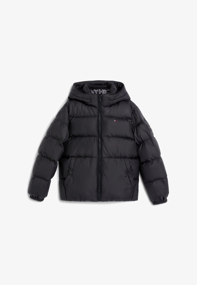 Black puffer jacket with a hood, featuring a front zipper and elastic cuffs. The material is shiny with a quilted design and logo accent.