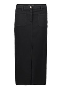 Jupe noire mi-longue avec poches plaquées à l'avant, passants de ceinture, fermeture à bouton et fente au centre devant.