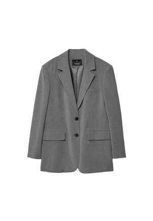 Blazer gris ajusté avec des revers à cran, deux poches avant, deux boutons et une doublure simple. Fabriqué en tissu mélangé avec une texture lisse.