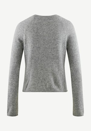 Maglione grigio a maglia con maniche lunghe, scollo rotondo e una consistenza morbida, caratterizzato da un design cropped senza cuciture visibili o decorazioni.