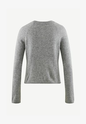 Maglione grigio a maglia con maniche lunghe, scollo rotondo e una consistenza morbida, caratterizzato da un design cropped senza cuciture visibili o decorazioni.