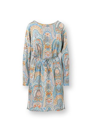 Langearmd jurk van lichtgewicht stof, met een kleurrijk paisley patroon met blauwe, oranje en gouden accenten, getailleerd in de taille.