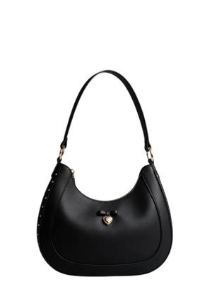 Borsa a tracolla in pelle nera con forma curva, piccolo fiocco e dettaglio con ciondolo a forma di cuore, e borchie dorate lungo i lati.