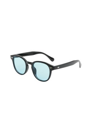 Occhiali da sole in plastica nera con montatura rotonda, lenti blu e dettagli in argento sulle tempie. La forma è leggermente oversize.