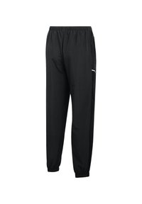 Pantalons de sport noirs en tissu extensible, avec une taille élastique, des poignets fuselés et une poche latérale avec un accent blanc.