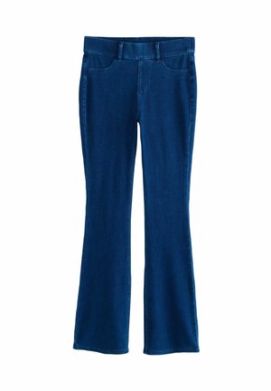 Rozšířené džíny z denimu v tmavě modré barvě. Disponují klasickým designem s pěti kapsami, pevnými švy a středně vysokým pasem. Hladká, texturovaná tkanina.