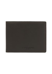 Portafoglio bifold in pelle marrone scuro con cuciture visibili e "Lancaster Paris" impresso al centro nella parte anteriore.