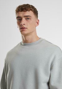 Hellgrauer Rundhals-Sweatshirt mit geripptem Hals- und Schulterbereich. Der Stoff wirkt weich und hat eine glatte Textur. Minimalistisches Design, keine Muster.