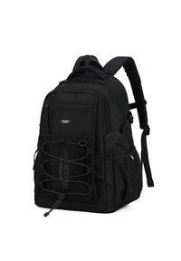 Sac à dos noir en tissu durable, doté de plusieurs compartiments zippés, d'accents en mesh et de bretelles rembourrées ajustables pour plus de confort.