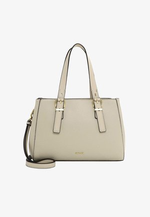 Beige leren handtas met dubbele handvatten aan de bovenkant, contrasterende zwarte afwerking en een afneembare schouderriem. Voorzien van gouden hardware accenten.