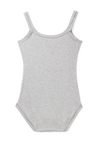 Tuta grigia con spalline sottili, realizzata in morbido cotone. Presenta un design semplice con bordi cuciti e una vestibilità aderente.