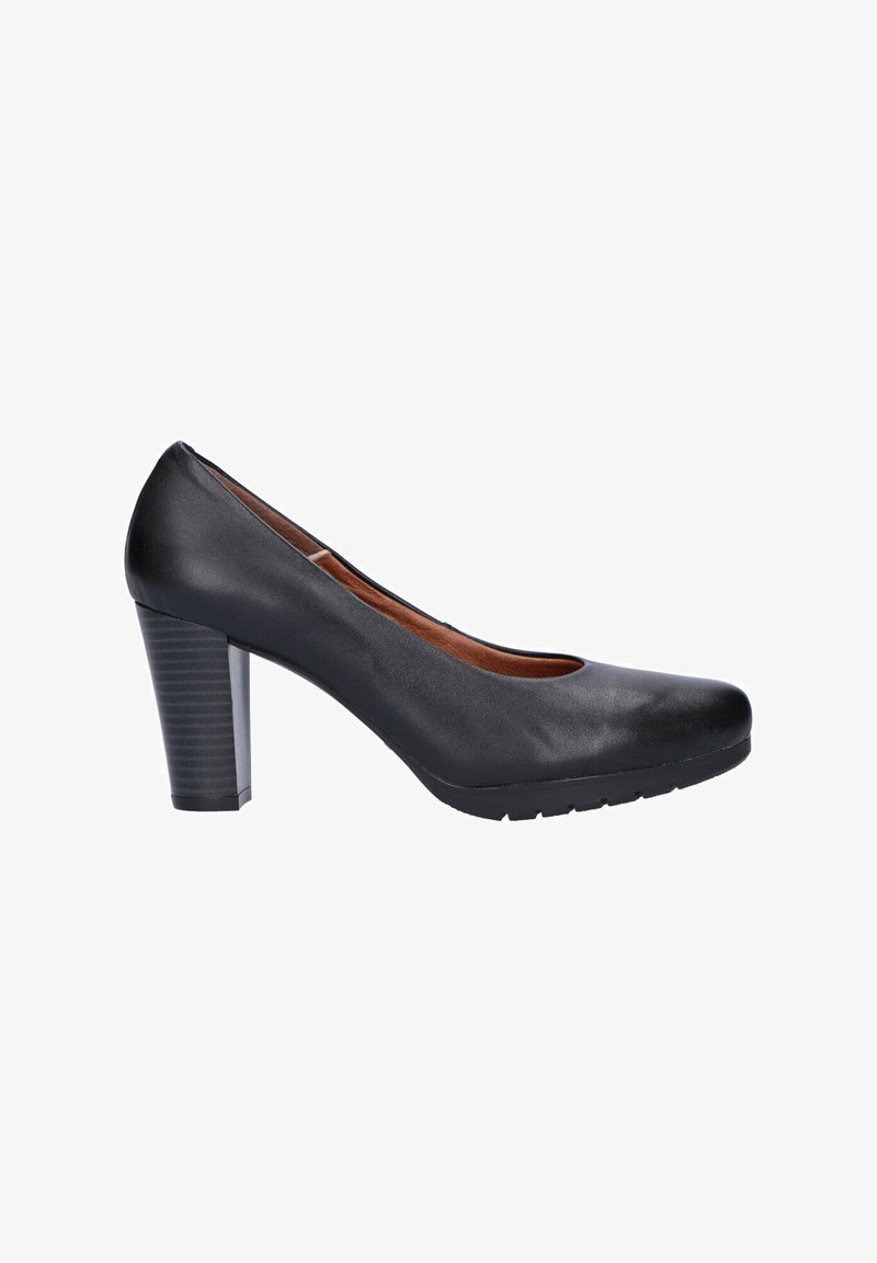 Zapato de tacón alto para mujer en cuero negro, con puntera redondeada y tacón de bloque apilado, visto de lado sobre un fondo blanco.