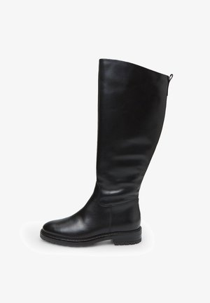 Hoge zwarte leren laarzen met een gladde oppervlakte, ronde neus, platte zool en subtiele stiksels. Voorzien van een achterste lus voor eenvoudig aan- en uittrekken.