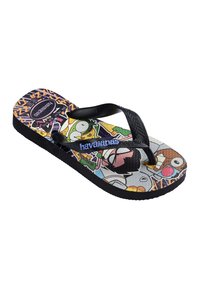 Tongs Havaianas noires avec imprimé personnage de dessin animé coloré sur la semelle et logo bleu "havaianas" sur la bride.