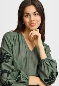 Giovane donna con capelli scuri che indossa una blusa verde con ricami neri a foglia, appoggiando il mento sulla mano e sorridendo leggermente su uno sfondo neutro.