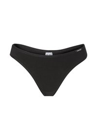 Schwarze Baumwoll-Bikiniunterhose mit glatter Textur, niedrig geschnitten und minimaler Naht. Verfügt über ein kleines Markenlabel am Bund.