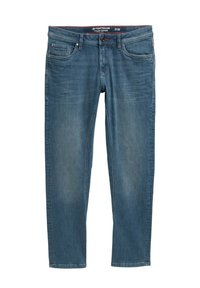 Blauwe denim jeans met een taps toelopende pasvorm, vijf-pocket ontwerp en een rode binnenband. Heeft een logopatch op de achterzak.
