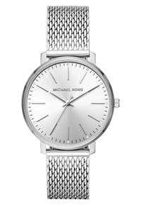 Silver stainless steel watch with a mesh band, a textured silver dial, hour markers, and a minimalist design featuring small crystal accents.