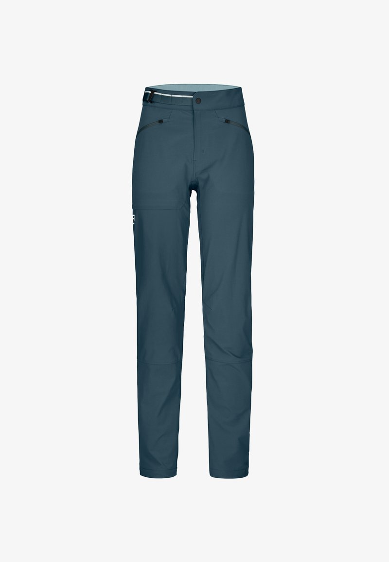 Water-resistant outdoor pants in dark teal. Features include a secure waistband, tapered legs, and zippered pockets for storage.