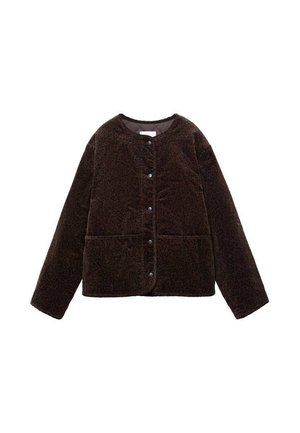 Veste boutonnée à manches longues, de couleur marron foncé, avec un motif léopard subtil et un col rond, sur un fond blanc uni.