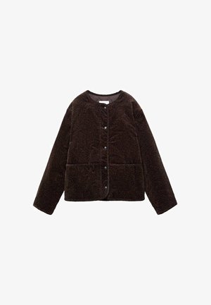 Giacca button-up a maniche lunghe di colore marrone scuro con un sottile motivo leopardato e colletto tondo su uno sfondo bianco semplice.