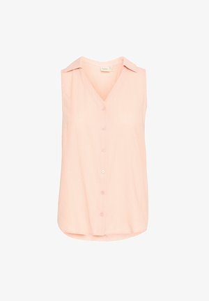 Jasnoróżowa bezrękawnikowa bluzka z dekoltem w kształcie litery V, zapięciem na guziki z przodu i delikatną pionową teksturą. Posiada kołnierzyk i zaokrąglony dół.