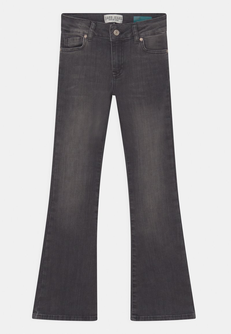 Zwart flare jeans van denim met een zachte textuur. Voorzien van een knoopsluiting, vijf zakken en subtiele vervaging op de stof.