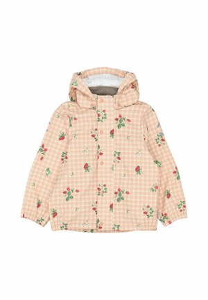 Jasnoróżowa, kratkowana kurtka z kwiatowym wzorem przedstawiającym róże i zieleni. Projekt z kapturem, zapinana na guziki, z elastycznymi mankietami. Podszewka z polaru.