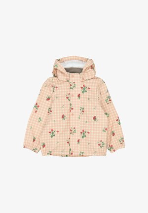 Lyserød ternet jakke med blomstermotiv, der indeholder roser og grønne blade. Hættedesign med knap og elastiske manchetter. Fleecefor.