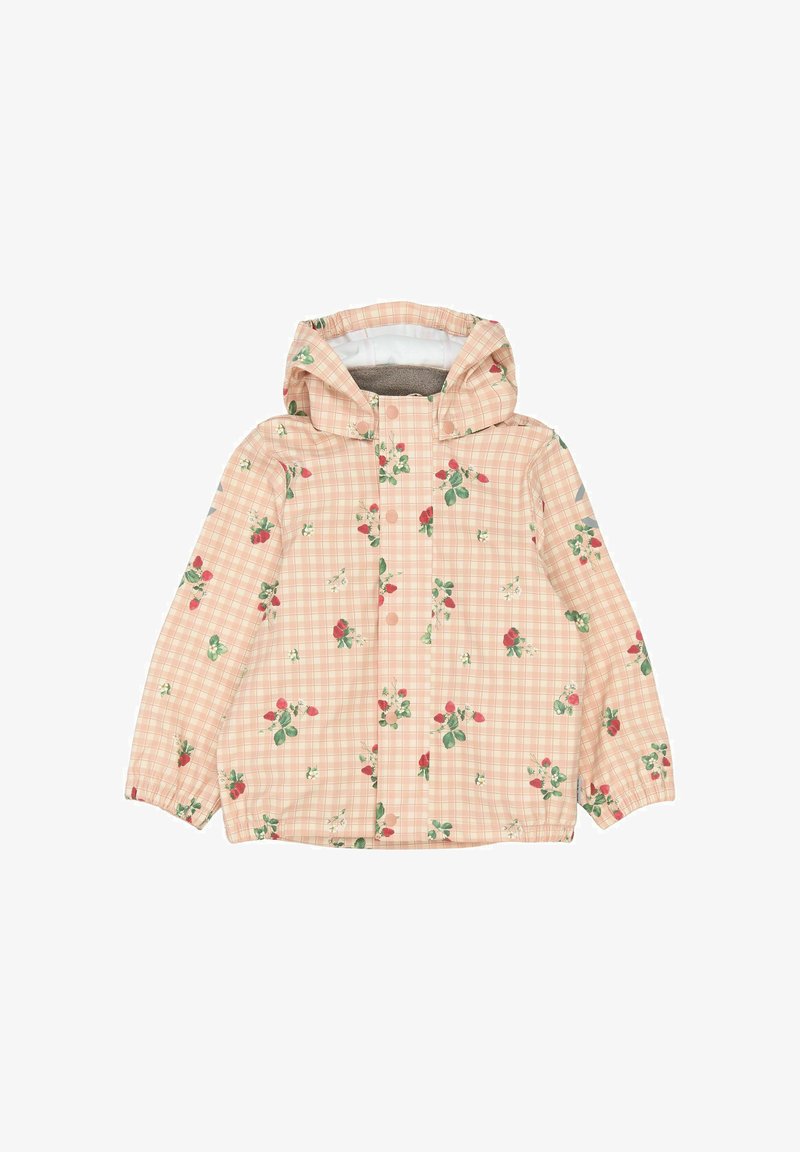 Jasnoróżowa, kratkowana kurtka z kwiatowym wzorem przedstawiającym róże i zieleni. Projekt z kapturem, zapinana na guziki, z elastycznymi mankietami. Podszewka z polaru.