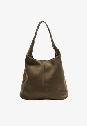 Olive green leather shoulder bag with a soft texture, wide opening, and single strap. Features a clean, minimalist design with no hardware.
