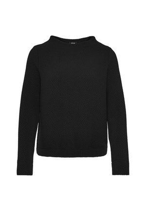 Schwarzer Langarmpullover mit strukturiertem Strickmuster, Rundhalsausschnitt und geradem Schnitt am Saum. Keine sichtbaren Logos oder Akzente.