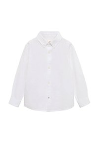 Valkoinen pitkähihainen napitettava paita, jossa on kauluksellinen kaula-aukko, suora leikkaus ja yksinkertainen etupaneeli, valmistettu sileästä kankaasta.