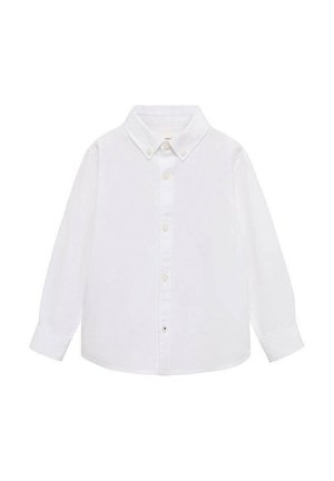 Chemise blanche à manches longues avec un col, coupe droite et patte de boutonnage simple, fabriquée en tissu lisse.
