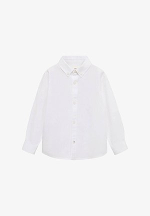 Chemise blanche à manches longues avec un col, coupe droite et patte de boutonnage simple, fabriquée en tissu lisse.
